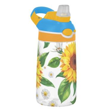Imagem de Garrafa de água Tritan de 473 ml para crianças, à prova de vazamento, garrafa de água de plástico de 473 ml com canudo copo infantil reutilizável portátil, alça de transporte, girassóis em aquarela