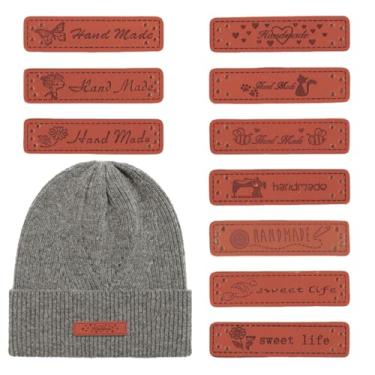 Imagem de 100 etiquetas de couro PU feitas à mão, etiqueta costurada na etiqueta para itens em relevo feitos à mão, para artesanato DIY, tricô, chapéus de costura, bolsas, roupas, 10 designs