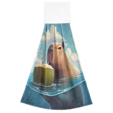 Imagem de Joitme Toalhas de cozinha de mão com laço para pendurar capivara céu azul forno toalhas de gravata conjunto de 2, toalhas de casa e cozinha fofas altamente absorventes, 46 x 35 centímetros