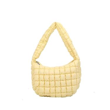 Imagem de CORIOS Bolsa de ombro acolchoada para mulheres, macia, fofa, de algodão, acolchoada, com alça superior, bolsa Hobo com enchimento leve, Amarelo, Large, Casual