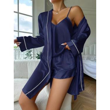 Imagem de Conjunto De Pijama Feminino De Cetim 3 Peças: Camisola, Shorts E Robe 