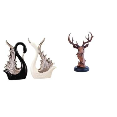 Imagem de Whtkoph Estatuetas de Cisne, Escultura em Cerâmica E Ornamento de Cabeça de Veado, Estátua de Resina para Prateleira, Aniversário, Lareira E Mesa de Cabeceira