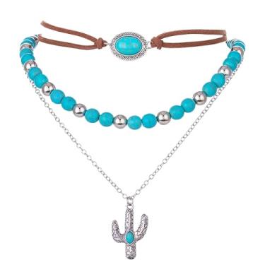 Imagem de Firuilo Colares ocidentais com contas turquesa em camadas, colares com pingente de cacto, gargantilha de couro turtuoise para mulheres
