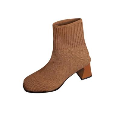 Imagem de Botas de cano curto de malha com bico redondo e salto alto para mulheres, uso diário casual, Marrom, 39