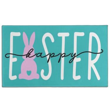 Imagem de Noulmea Tapete decorativo Happy Easter Bunny 76 x 43 cm - Tapete de borracha com estampa de coelho rosa para ambientes internos e externos, antiderrapante, durável, decoração de primavera, tapetes de