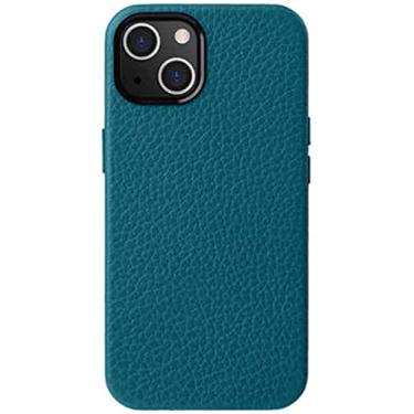 Imagem de BKUANE Capa de telefone traseira de couro premium, para Apple iPhone 14 Plus 6,7 polegadas 2022 textura de lichia totalmente envolta flocagem capa traseira (Cor: azul verde)