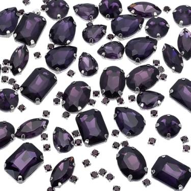 Imagem de SOFPLATE 1 caixa, 156 peças, 7 estilos, roxo, costurado, strass, costas planas, pedras de cristal com garra traseira, vidro facetado, redondo, cristais retangulares de lágrima para roupas, sapatos