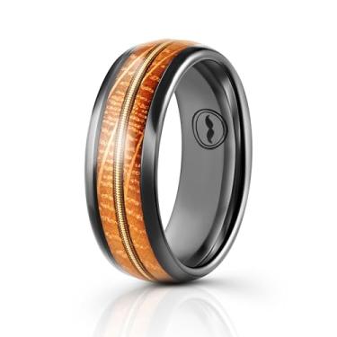 Imagem de Aliança de casamento masculina de carboneto de tungstênio - Barril de uísque de qualidade premium com anel embutido de corda de guitarra para homens (Preto) - Inclui pulseira de silicone, bolsa de