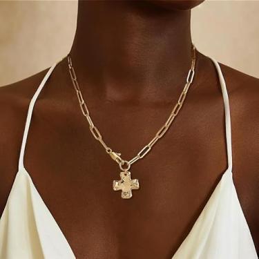 Imagem de Colar de cruz grossa de ouro feminino com pingente de corrente grossa para presente, Medium, Latão, Sem Pedra Preciosa