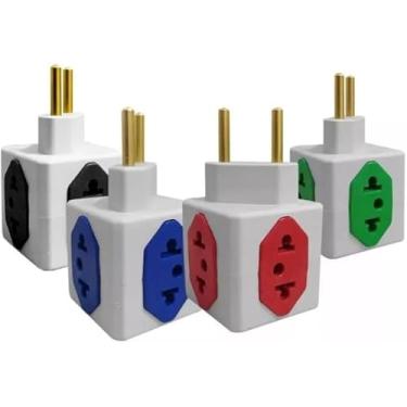 Imagem de Adaptador de Tomada Cubo Universal, 4 Saídas, Padrão Novo e Antigo, Branco com Pinos Dourados