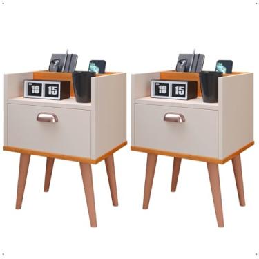 Imagem de Kit 2 Mesas de Cabeceira Milena Criado Mudo com Gaveta Pés Retrô (OFF WHITE CINAMOMO)