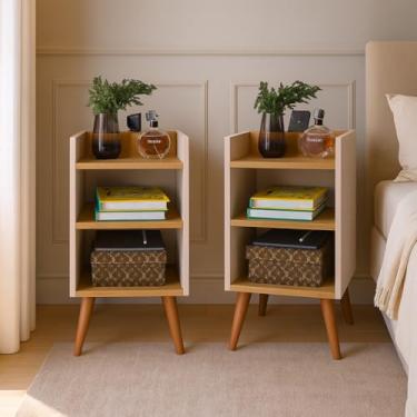 Imagem de Kit Mesa de Cabeceira Criado Mudo com Porta Celular, Nicho e Prateleira Compacta Pés Retrô