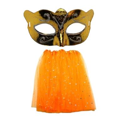 Imagem de Kit Fantasia de Carnaval Máscara Amarela Saia Tule Laranja