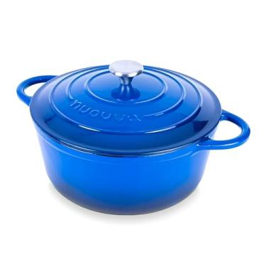 Imagem de Panela Life Dutch Oven 6.4L (28cm) Ferro Fundido Esmaltado Premium com Tampa, Azul Escuro. Para Cozimento Lento, Assados e Refogados. Retenção de Calor Superior, Antiaderente Natural, Forno e Fogão.