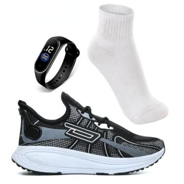 Imagem de Tenis Esportivo Masculino Leve Confortável Corrida Caminhada + Relógio + Meia (Branco, BR, Adulto, Numérico, 38)