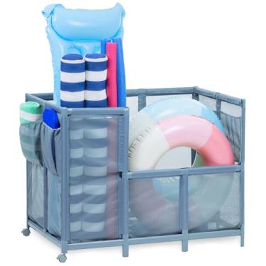 Imagem de GoSports Coast Organizador de piscina moderno para boias e brinquedos - Caixa de armazenamento de piscina de malha extra grande para uso externo - azul pedra