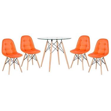Imagem de Loft7 Home Decor, Kit Mesa de Vidro Eames 80 cm + 4 Cadeiras Eames Botonê - Laranja