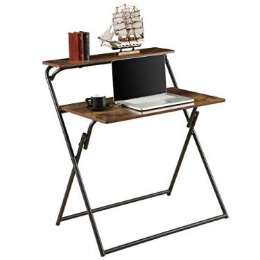 Imagem de U5GAAALPPQ9 Mesa dobrável para computador, mesa de escritório pequena de 2 camadas com prateleira, escritório doméstico, mesa de estudo, economia de espaço, mesa dobrável para espaços pequenos