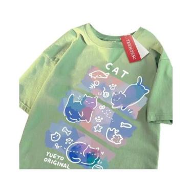 Imagem de Camiseta De Algodão Estilo Japonês Com Estampa Divertida De Gato Para 