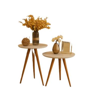 Imagem de Kit 2 Mesas Canto Apoio Redonda Retro Para Sala Sofá Lateral Em Pés Palito Madeira Tripé(Off-White)