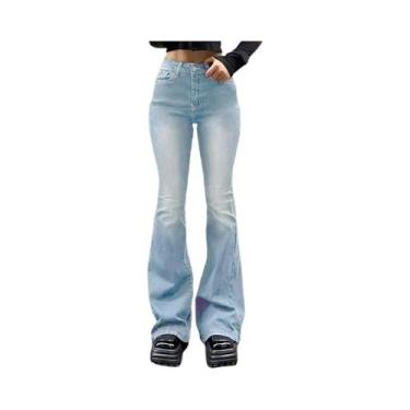 Imagem de Calças Jeans Femininas De Cintura Alta, Estilo Flare, Elásticas, Em Co