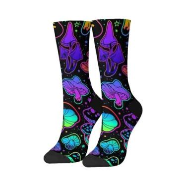 Imagem de Meias Masculinas De Cano Médio Com Estampa De Cogumelos Neon, Respiráv