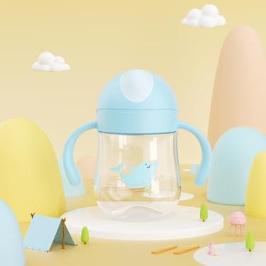 Imagem de Copo de silicone de 300 ml, silicone macio suave nas gengivas, função de beber 360 graus, fecho flip-top com canudo, azul com alças