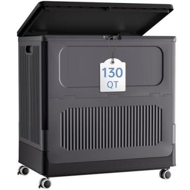 Imagem de HAIXIN Caixa de armazenamento grande com tampa – Caixa de armazenamento flip top de 130 litros com rodas, caixa de brinquedo de plástico de 32,5 galões, organizador de armário empilhável para lençóis