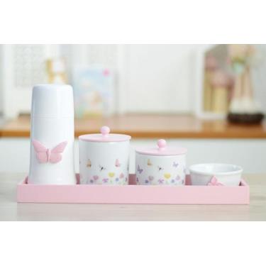Imagem de Kit Higiene Porcelana Maternidade Bebê K174 Borboleta Rosa Quarto Infa