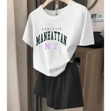 Imagem de Kit Conjunto Camiseta Shorts Feminino Manhattan New York Academia Trei