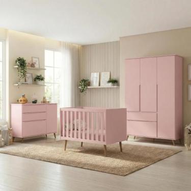 Imagem de Quarto de Bebê Completo 3 Peças Berço Minicama 2 em 1, Cômoda e Guarda