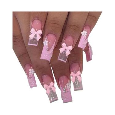Imagem de Unhas Postiças Brancas Longas Com Pontas Francesas 24PCS Com Laço Rosa