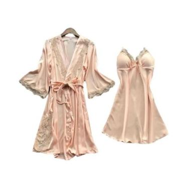 Imagem de Conjunto De Pijamas De Seda Para Mulheres Com Robe De Renda E Decote E