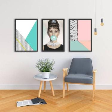 Imagem de Kit 3 Quadros Decorativos Abstratos e Audrey Bubble Gum