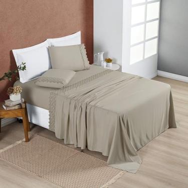 Imagem de Jogo de Cama Lençol Queen 4 Peças 200 Fios Lençol Plano Detalhe Bordad