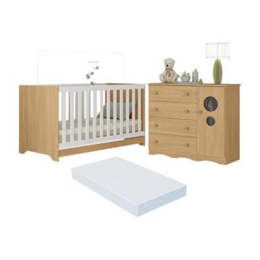 Imagem de Berço Americano 3 em 1 com Colchão Incluso e Cômoda 1 Porta 4 Gavetas 