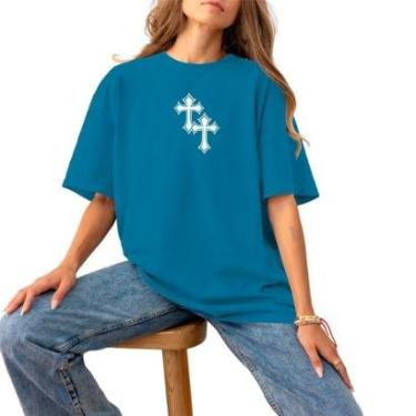 Imagem de Blusa Feminina Plus Size Basica Casual Estampada Algodão 30.1 Confortável Estilo Cruz Cruz White-Feminino