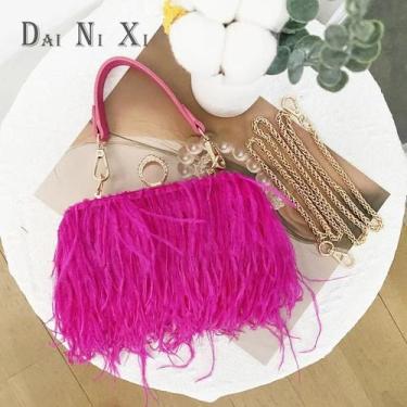 Imagem de Bolsa Clutch De Luxo Feminina Com Plumas De Avestruz Falsas E Anéis De