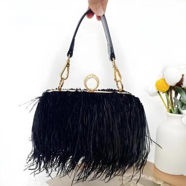 Imagem de Bolsa Clutch De Luxo Feminina Com Plumas De Avestruz Falsas E Anéis De