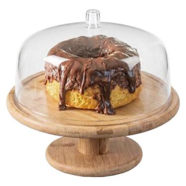 Imagem de Boleira Com Pé E Cúpula Porta Bolo Torta Base Em Bambu Ou