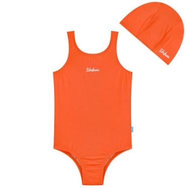 Imagem de Maiô Natação Infantil com Touca Proteção UV50+ Cores Kamylus, Laranja 