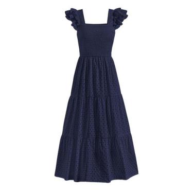 Imagem de Vestido maxi feminino PRETTYGARDEN com gola quadrada, ilhó azul marinh