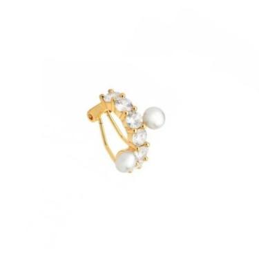 Imagem de Piercing de Pressão com Fileira de Zircônia e Pérolas - Banhado a Ouro
