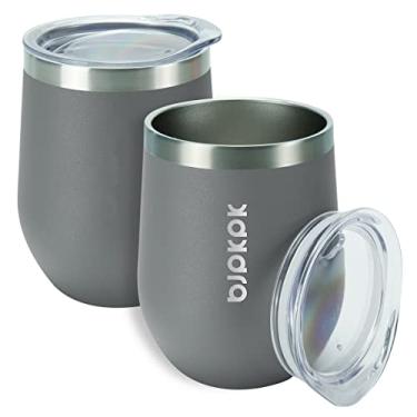 Imagem de BJPKPK 2 copos de vinho isolados de 340 g, canecas de café a vácuo de parede dupla de 340 g com tampa, copos de vinho inquebráveis de aço inoxidável, copos de café isolados para casa e exterior, cinza