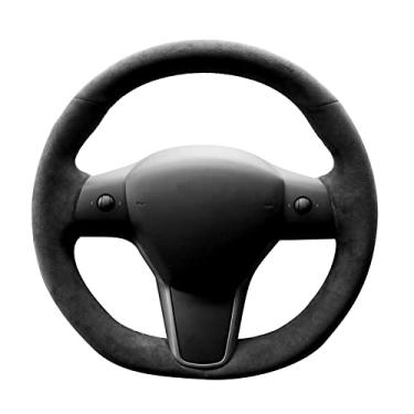 Imagem de Alfanxi Costura à mão Itália Alcantara capa de volante de carro para Tesla Model 3/Tesla Model Y (Alcântara preta + sem listras)