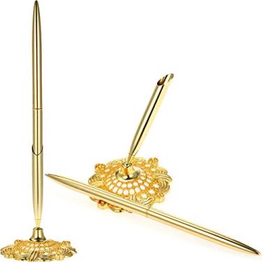 Imagem de Onwon 2 peças de caneta de casamento dourada para convidado com suporte de caneta redondo oco caneta de escrita para casamento nupcial dourado (ouro)