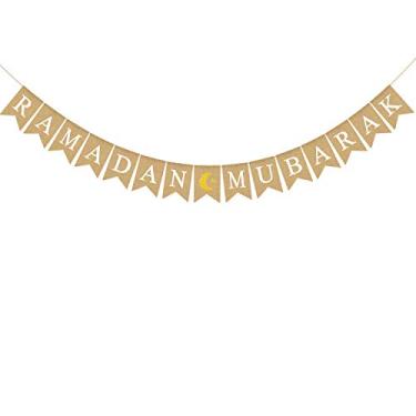 Imagem de Banner de Mubarak Ramadan Juta Burlap com decoração de lareira Moon and Star Mantel