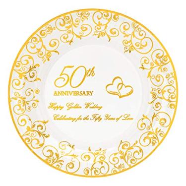 Imagem de Crisky Pratos de ouro de 50º aniversário, decorações de festa de aniversário de casamento douradas, sobremesa, buffet, pratos descartáveis de bolo, comemoração dos cinquenta anos de amor, 50 unidades,