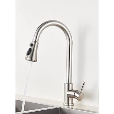 Imagem de Torneira de cozinha de níquel escovado com furo único, bico removível para pia de cozinha, torneira misturadora, cabeça de pulverização, torneira misturadora cromada/preta, níquel escovado C