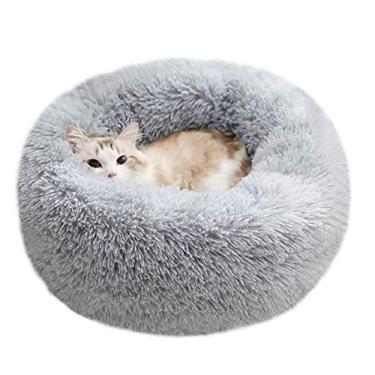 Imagem de Cama de pelúcia redonda BODISEINT macia e moderna para gatos ou cães pequenos, mini cama de gatinho de tamanho médio aquecedor para o outono inverno interior soneca aconchegante gatinho canil (M(23,6"Dx7,9 H), cinza claro)